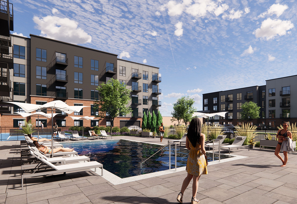 Rendering of outdoor pool with apartment building in background